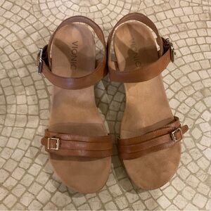 Vionic Brown Leather Strappy Wedge Sandals, Size 7.5